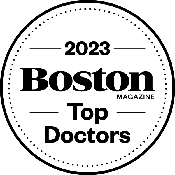 2023 Boston Magazine Top Doctors award seal, black and white.