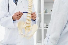 A doctor is holding a model of a spine and talking to a patient.