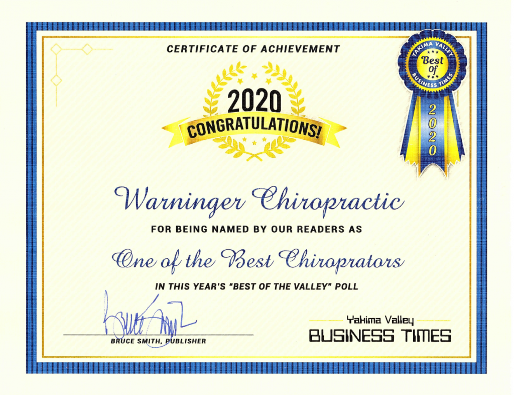 A certificate of achievement for being named by our readers as one of the best chiropractors.