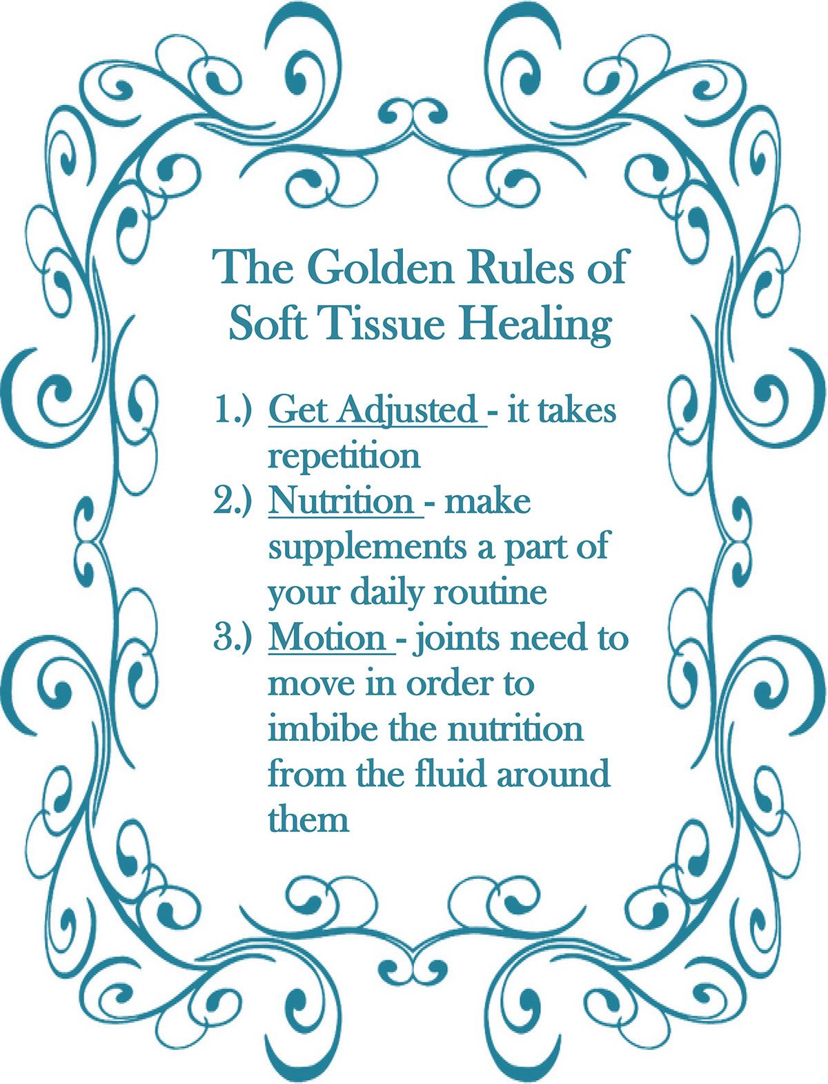 A poster that says the golden rules of soft tissue healing