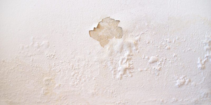Water-damaged white wall with peeling paint and a brown stain near the top center