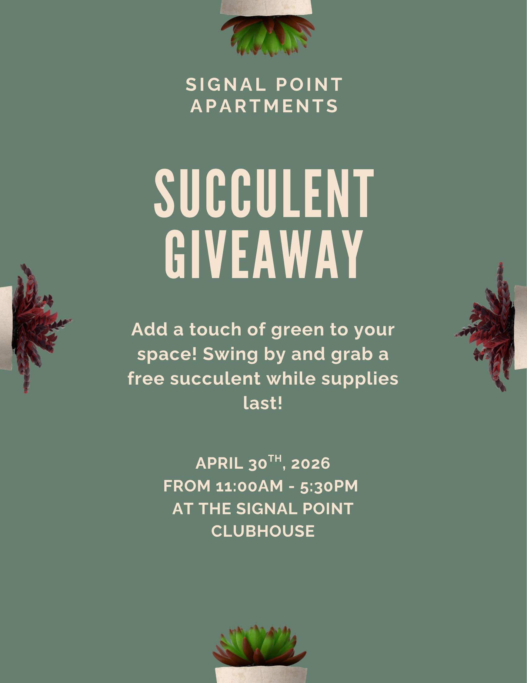 Event flyer for Signal Point Apartments' succulent giveaway on April 30, 2026, at the clubhouse from 11 am to 5:30 pm.