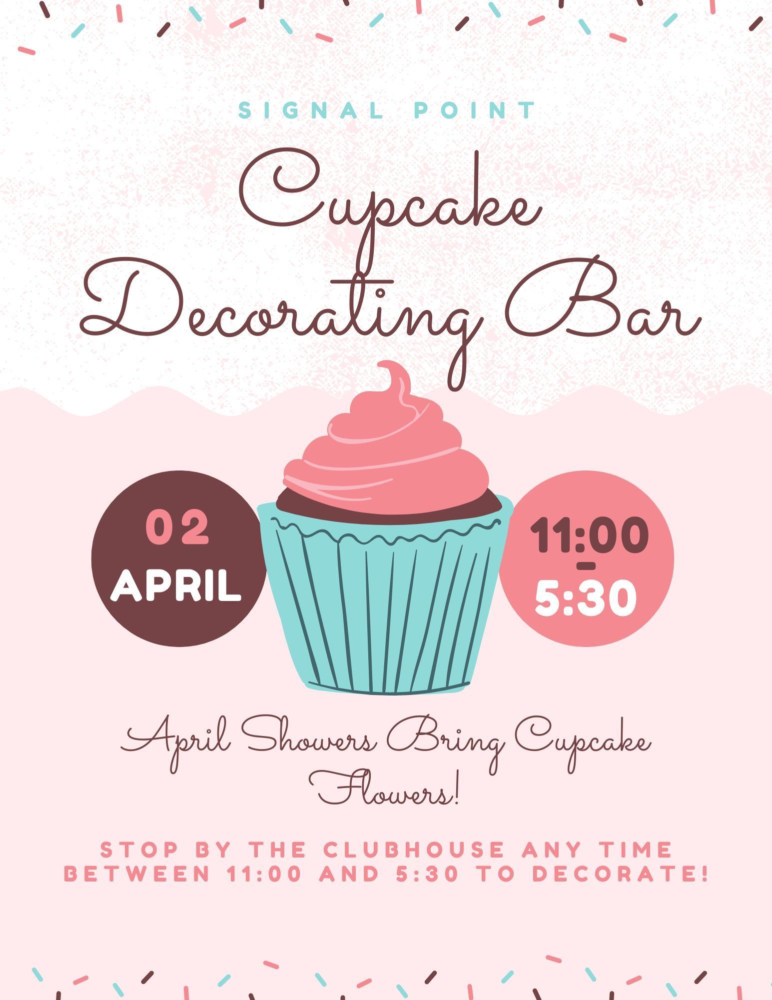 A pink and white flyer for a Cupcake Decorating Bar at the Signal Point Clubhouse on April 2 from 11:00 to 5:30.