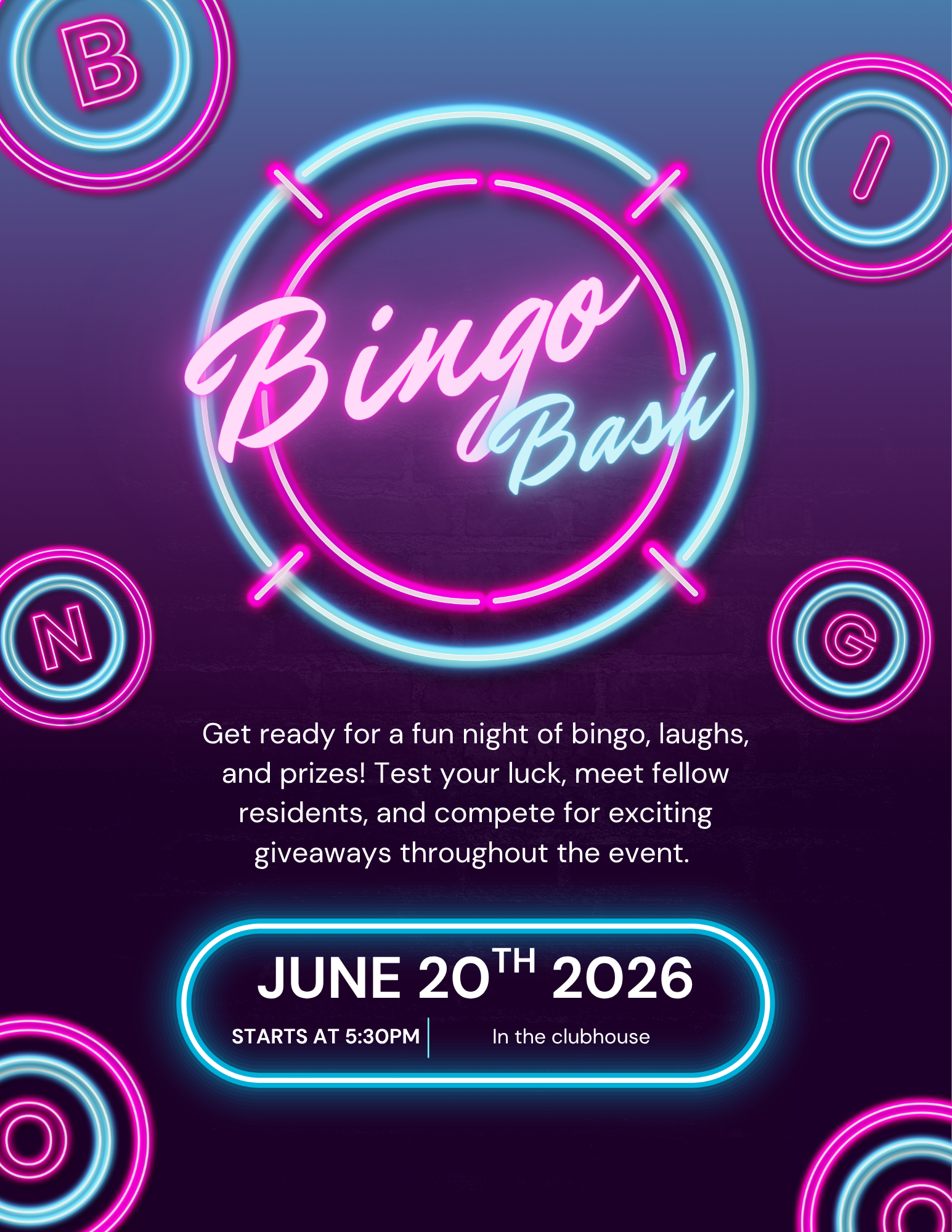 Neon pink and blue Bingo Bash event poster with June 20th, 2026 date and glowing bingo balls around it