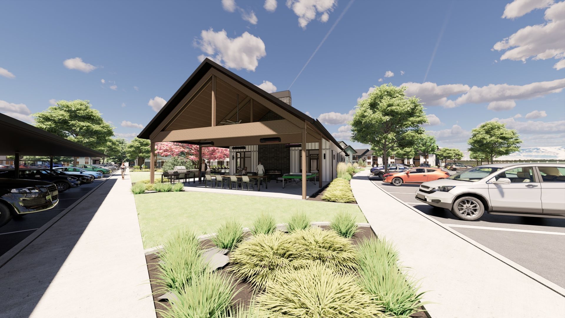 A rendering of a house with a lot of cars parked in front of it.