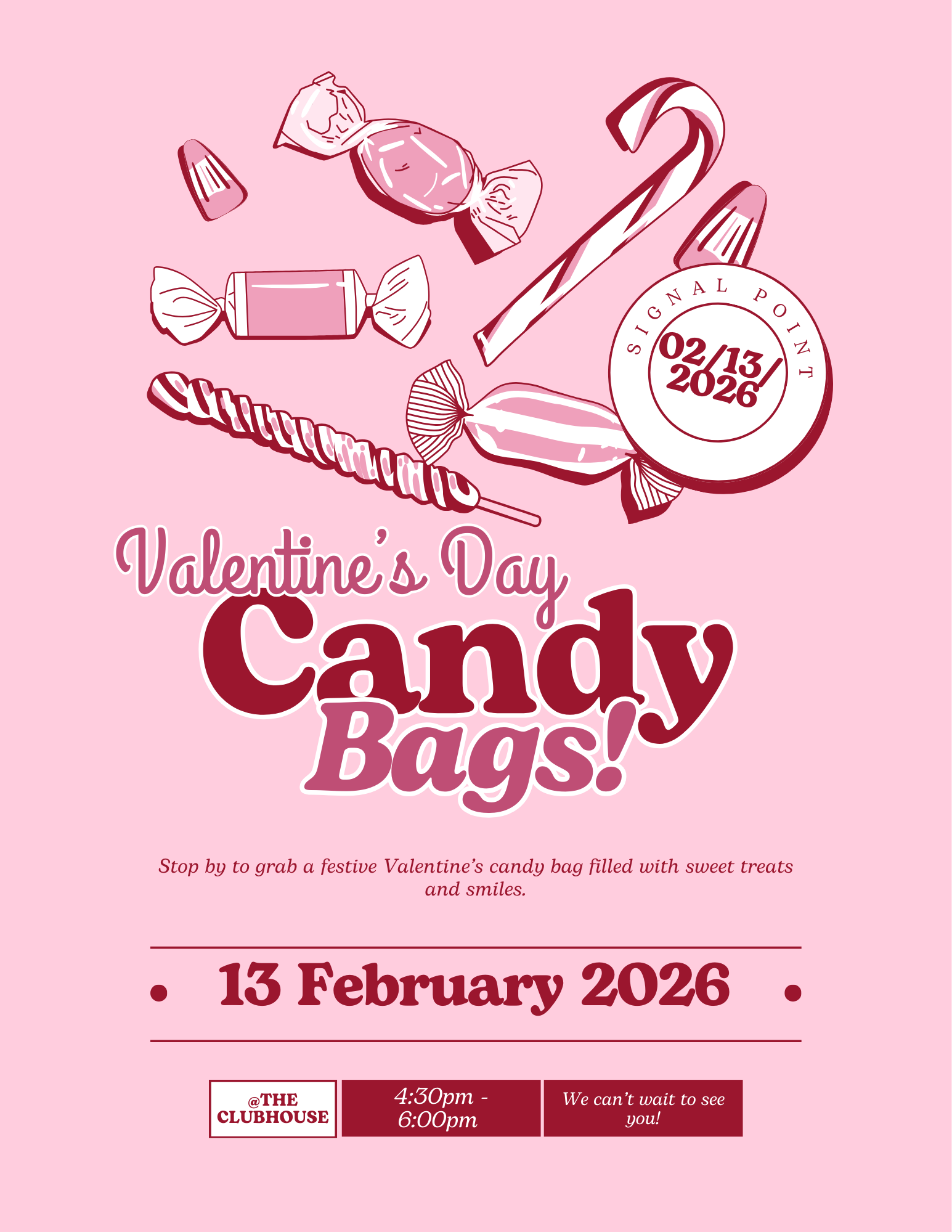 Pink flyer: Valentine's Day Candy Bags with candy illustrations and 