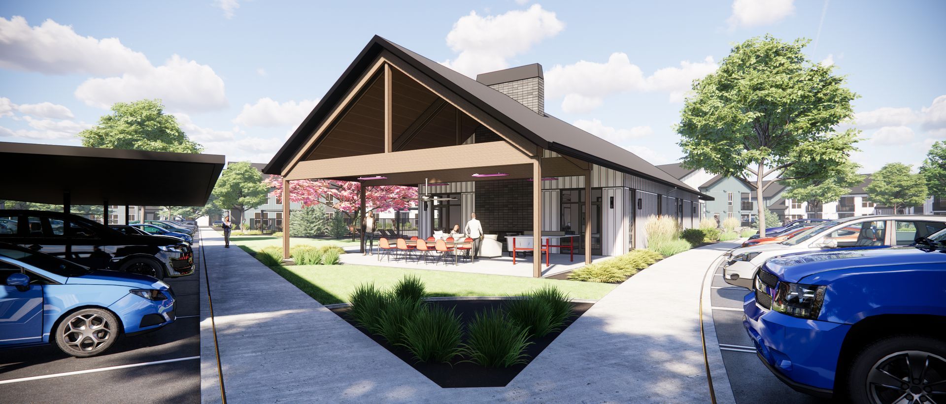 A rendering of a house with a lot of cars parked in front of it.