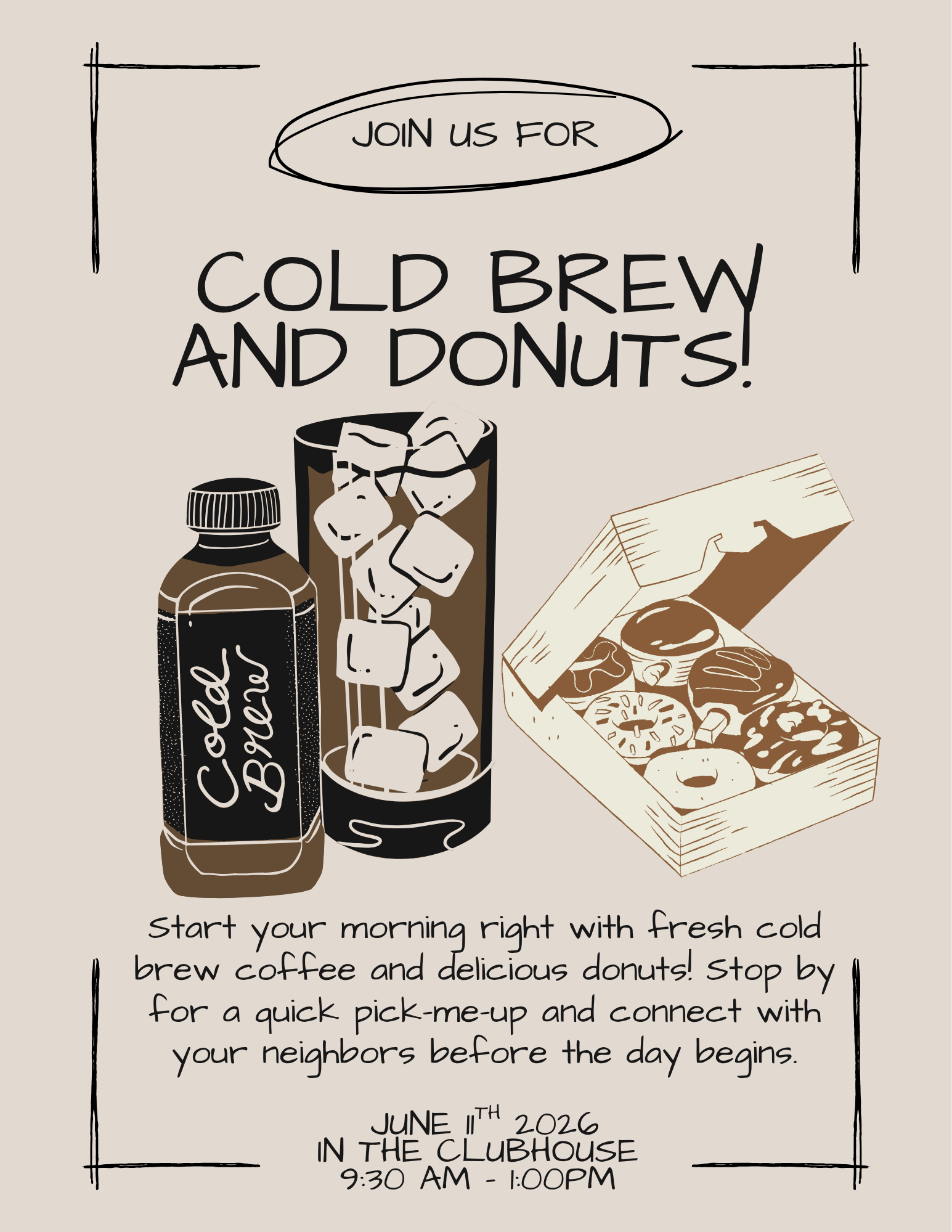 Poster for cold brew and donuts, with a coffee bottle, iced coffee, and donut box on a beige background.