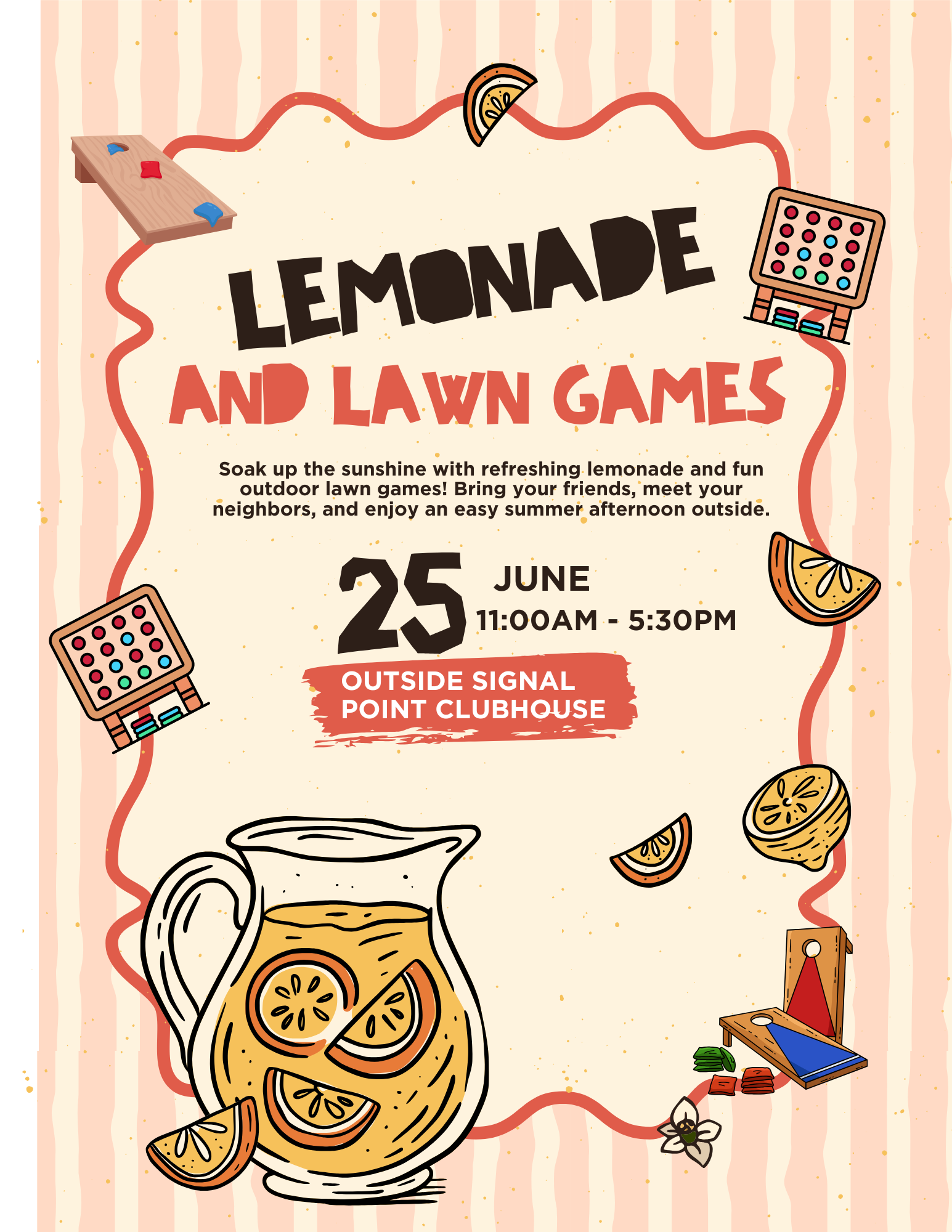 Lemonade and lawn games event flyer with citrus art, June 25, 1:00–5:30 PM, outside Signal Point Clubhouse