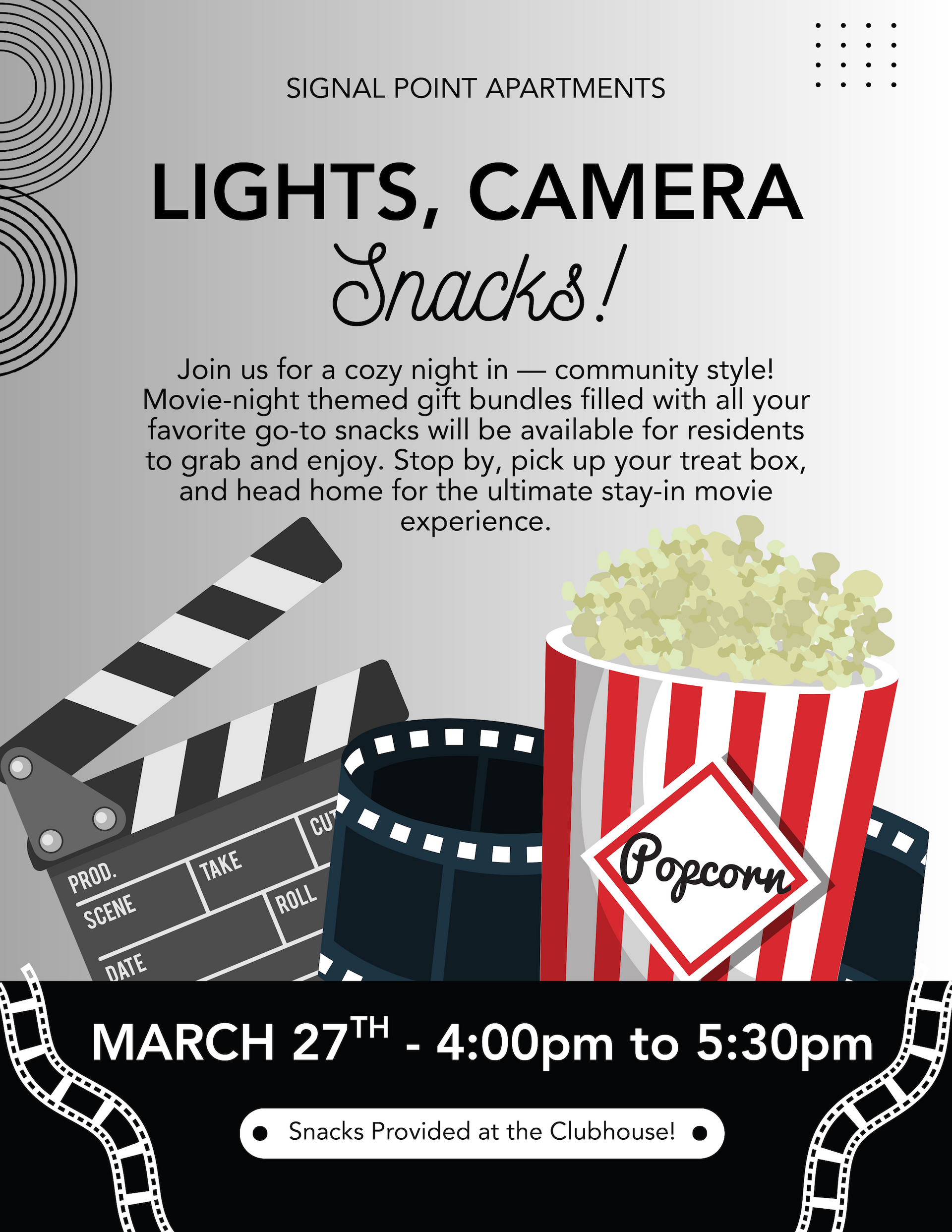 Movie night flyer with popcorn, film reel, and a clapperboard. Includes event details and the date.