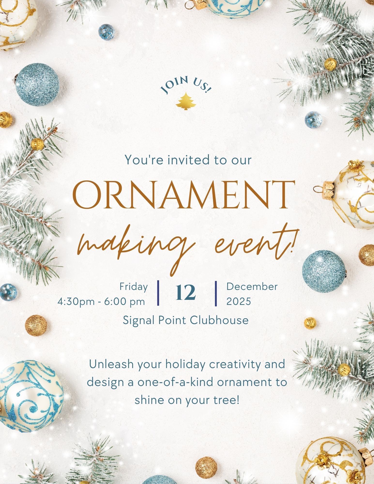 Ornament making event invitation with gold, teal ornaments, and text.