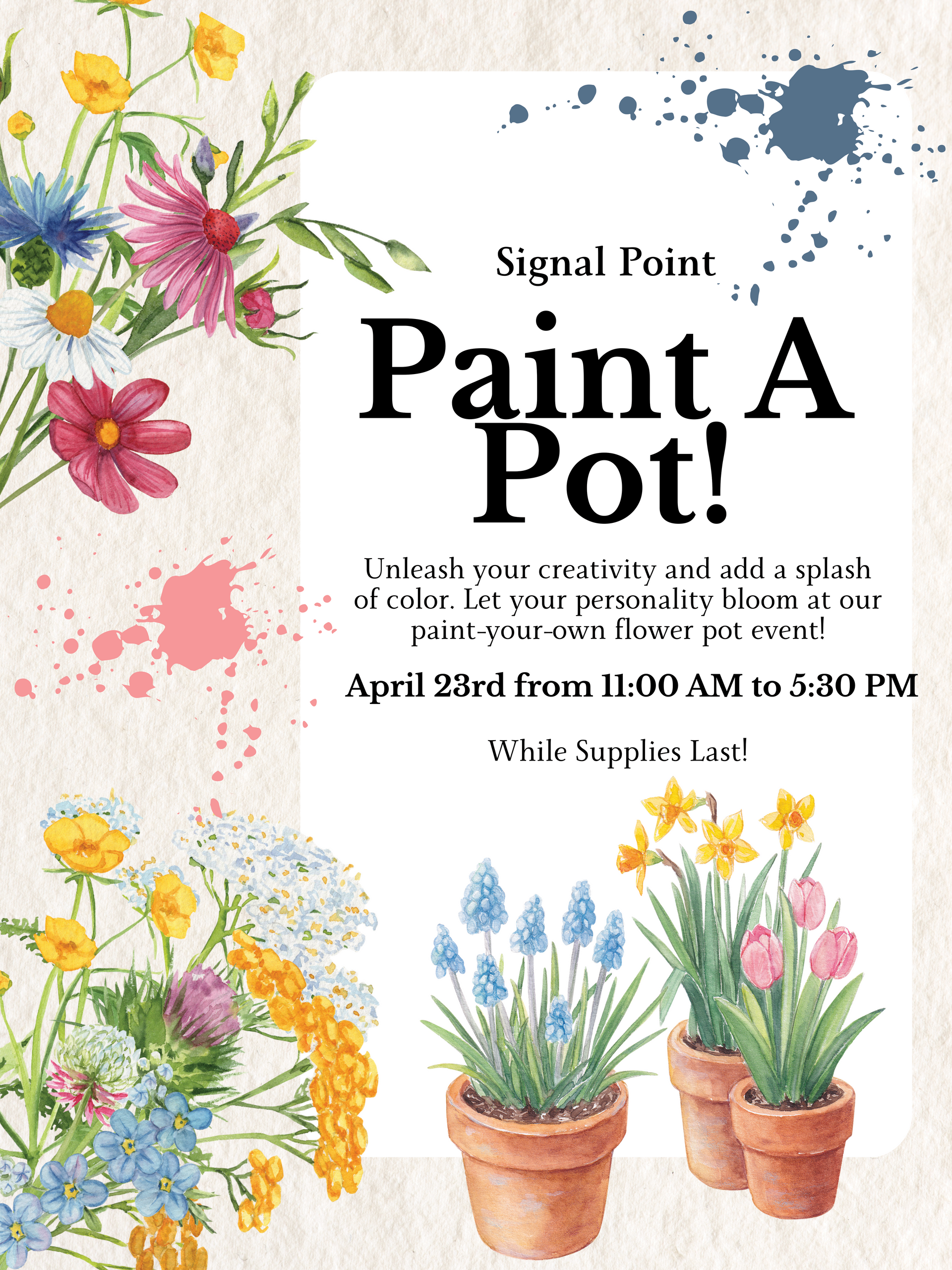 Petals & Pastries event flyer with pastel flowers, pastries, and text for an April 16th sale