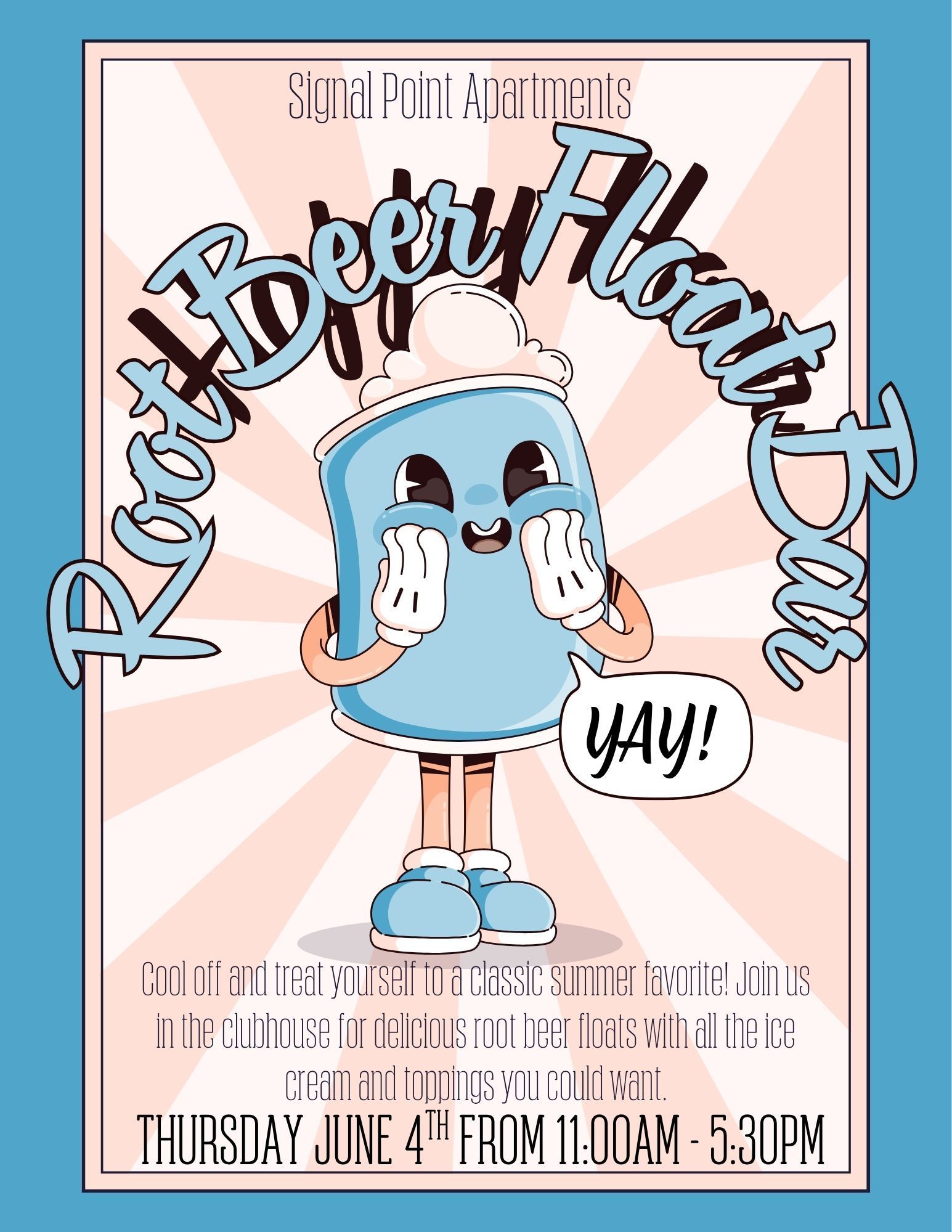 Poster for “Root Beer Float Bash” with a blue root beer mug, pink rays, and event date/time details