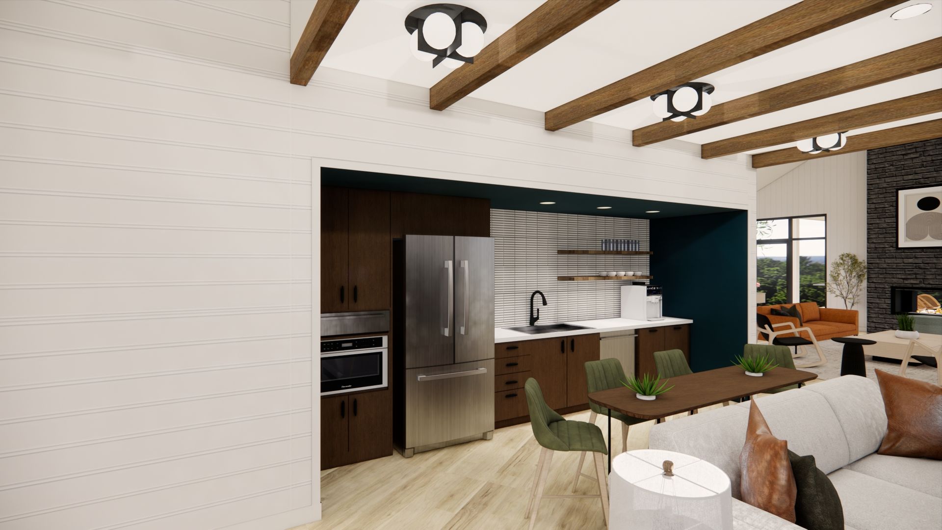 A kitchen with blue cabinets , stainless steel appliances , tables and stools.