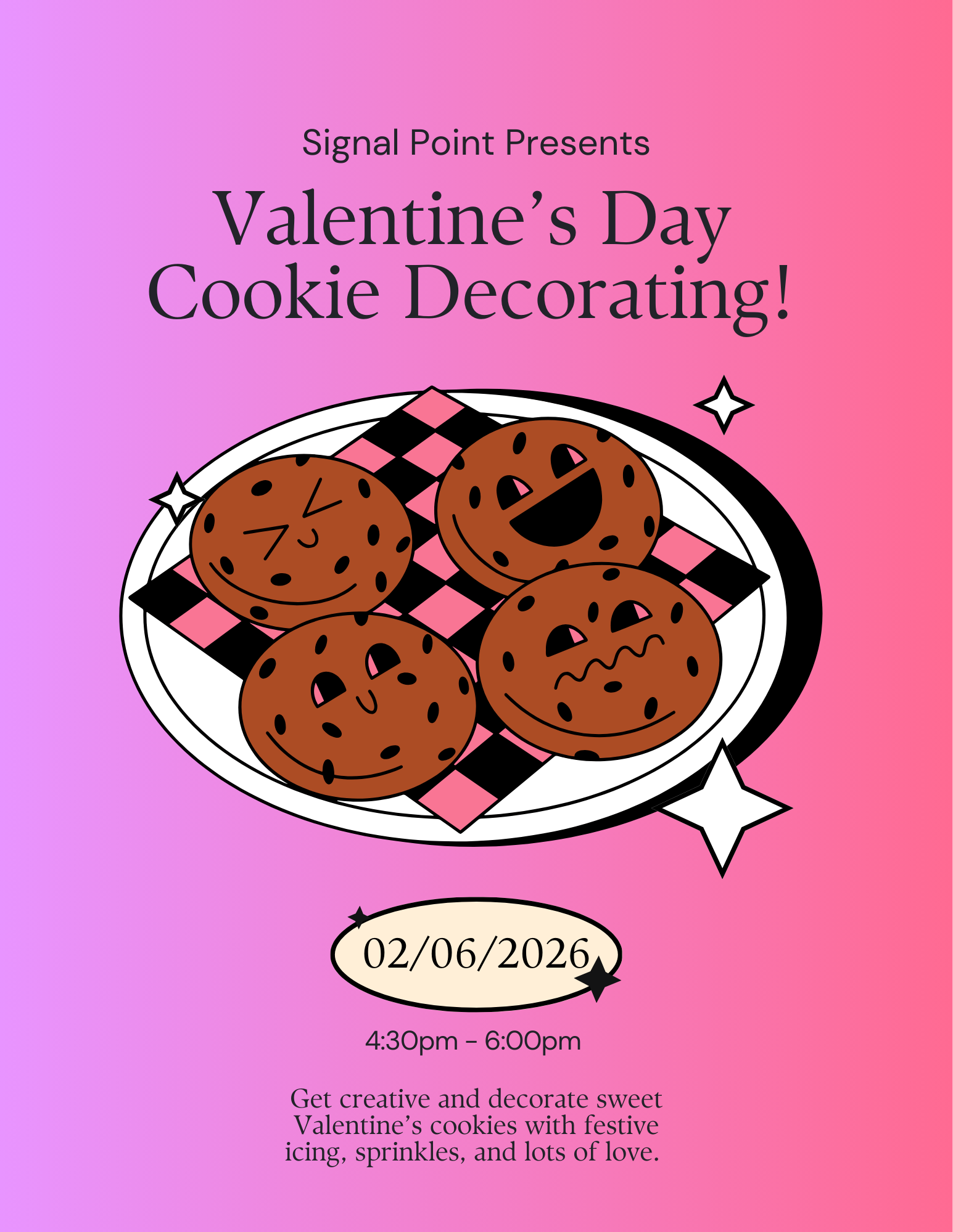 Poster for Valentine's Day cookie decorating: cookies on a plate, pink and purple gradient background, date: 02/06/2026.