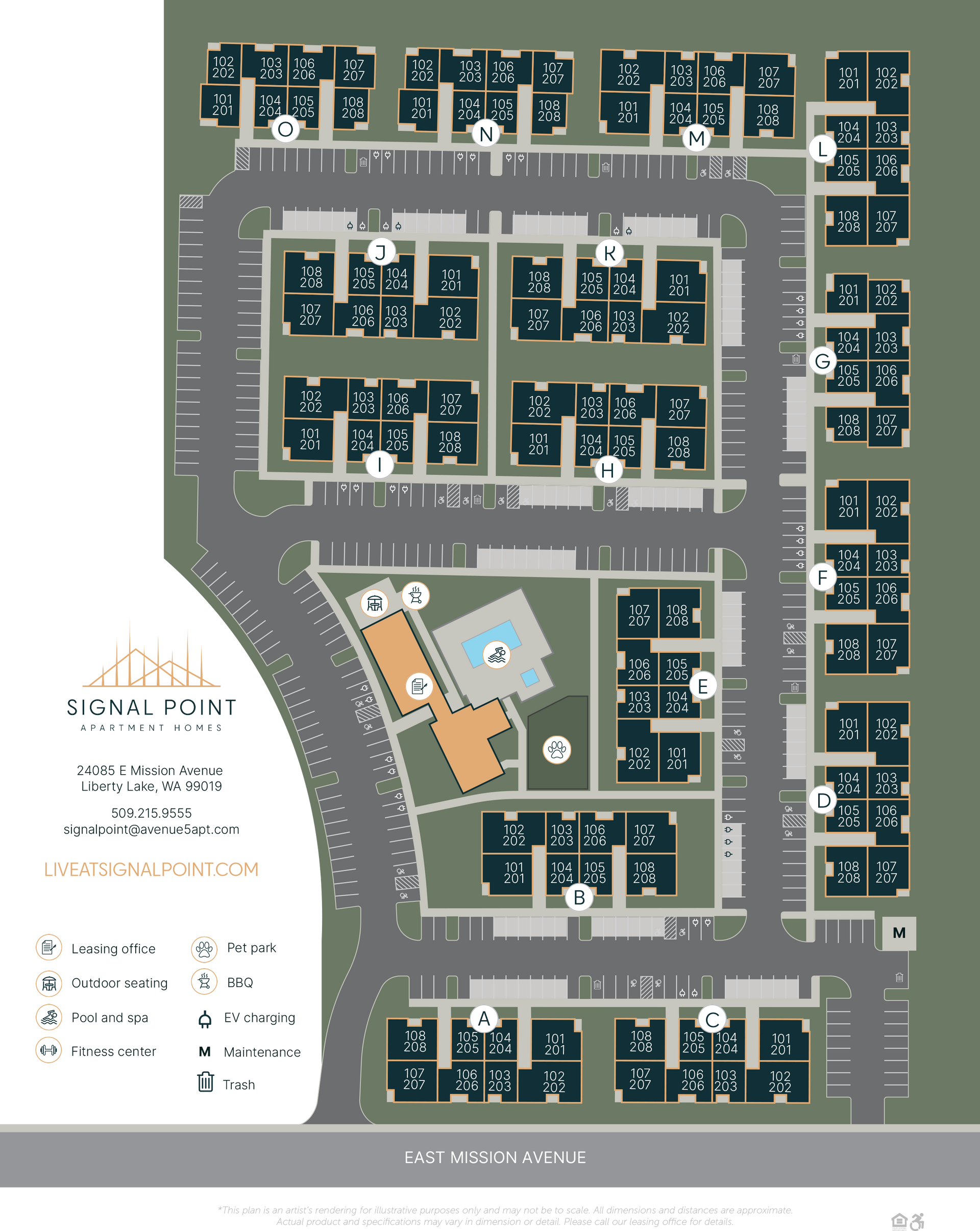 Apartment complex map. Dark buildings and green spaces surround roads and parking areas. A pool and clubhouse are visible.