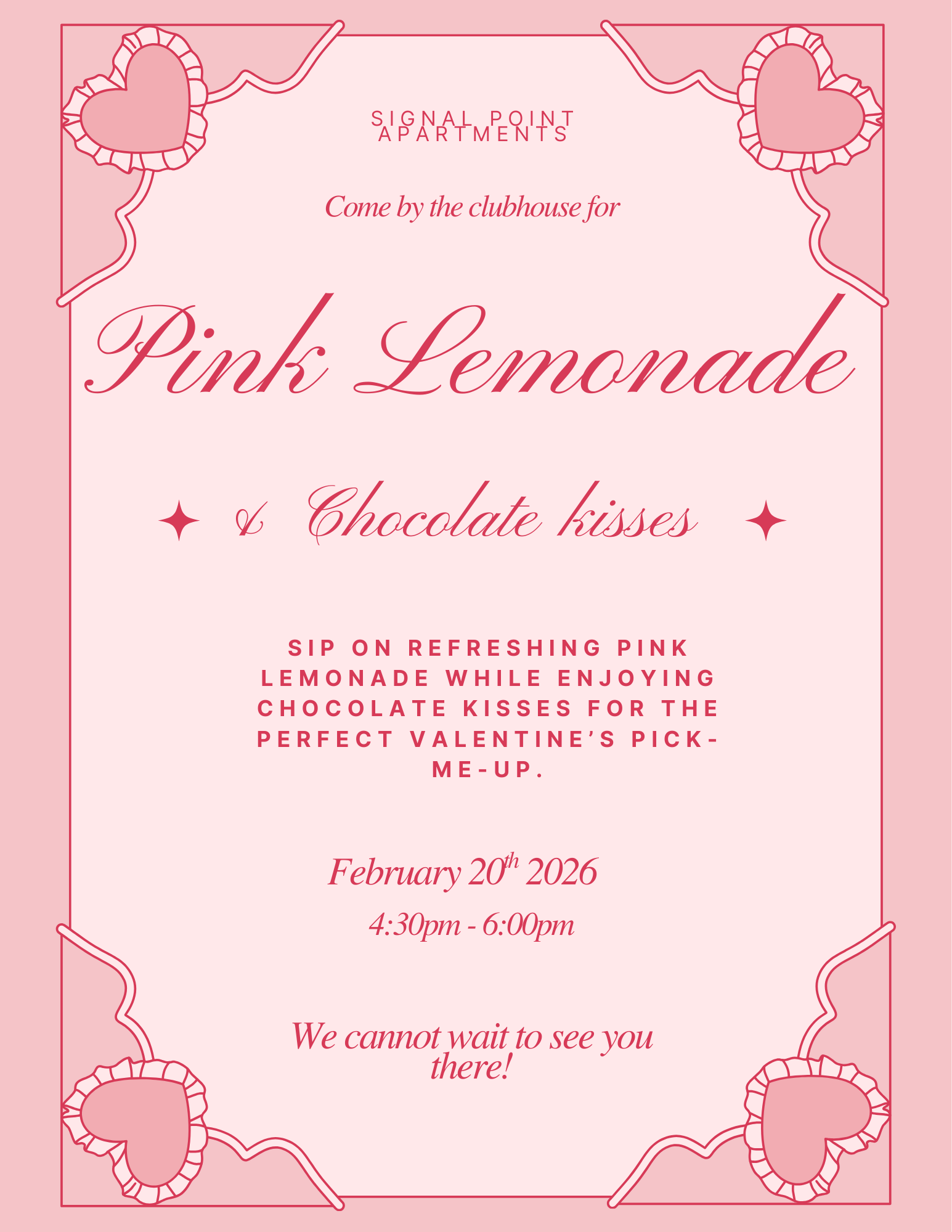 Pink lemonade & chocolate kiss invitation, pink tones, Valentine's Day event. February 20th, 2026.