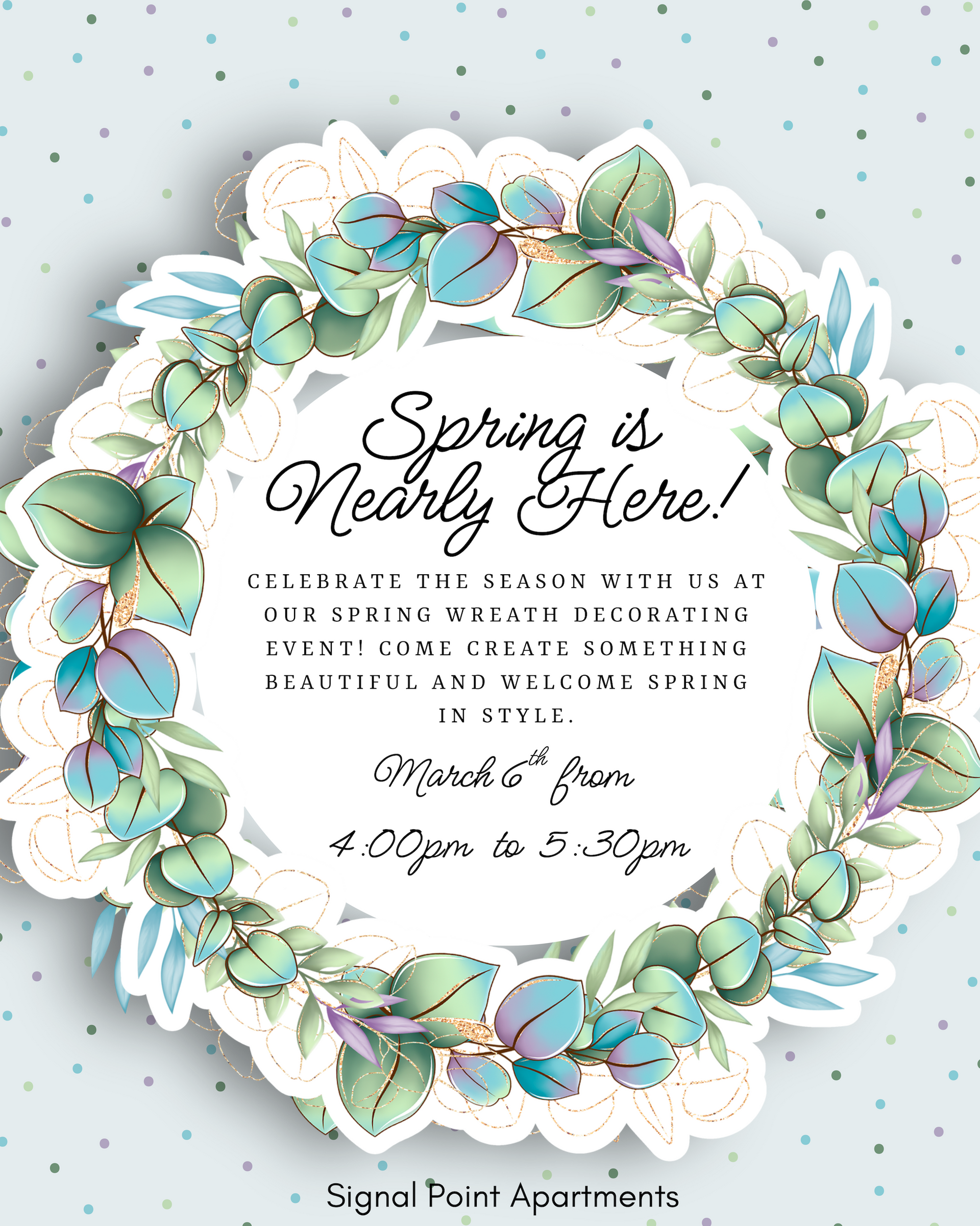 Spring event invitation with floral wreath, light blue and green colors, and text.
