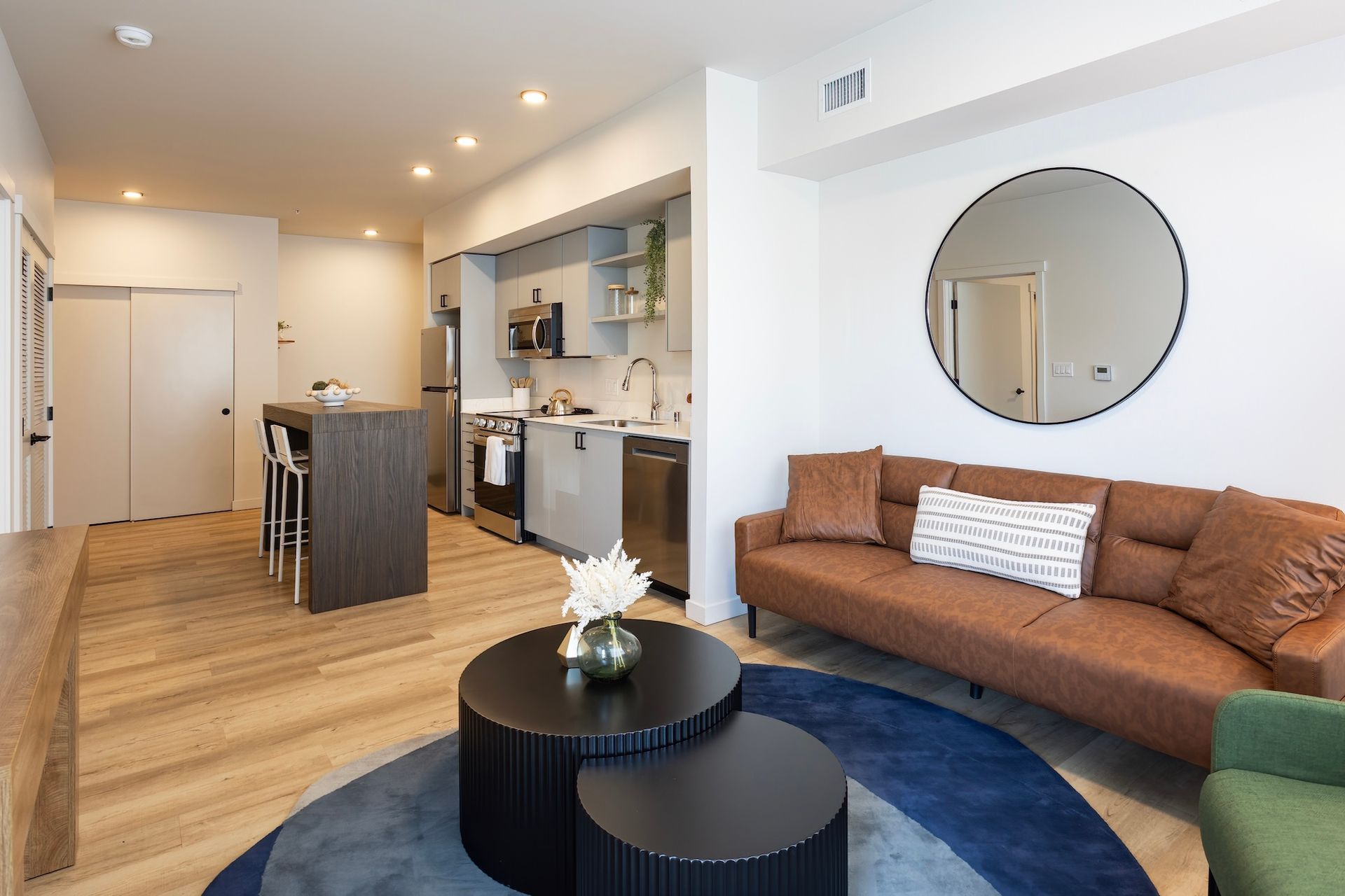 A modern apartment interior with a brown leather couch, round coffee tables, and a kitchen area.