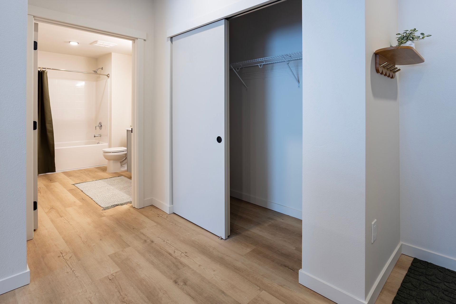 A hallway with light wood flooring leads to a bathroom on the left and a closet on the right.
