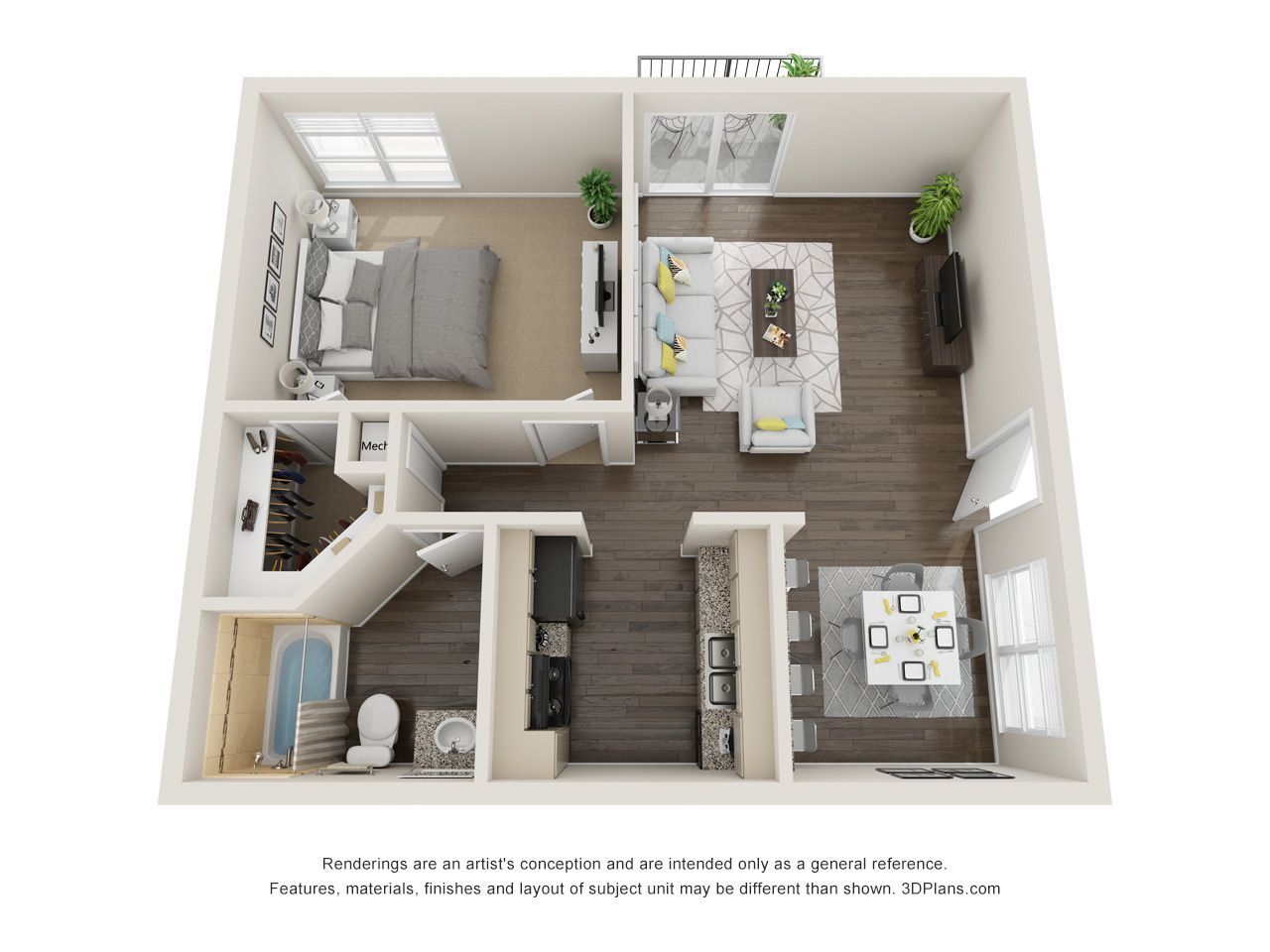 Floor plan of an apartment with a bedroom, living room, kitchen, bathroom, and balcony.