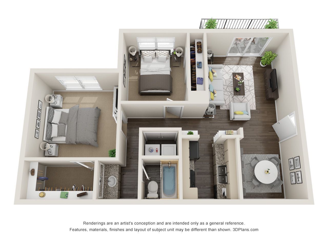 Floor plan of a two-bedroom apartment. Includes bedrooms, living area, kitchen, bathroom, and a balcony.