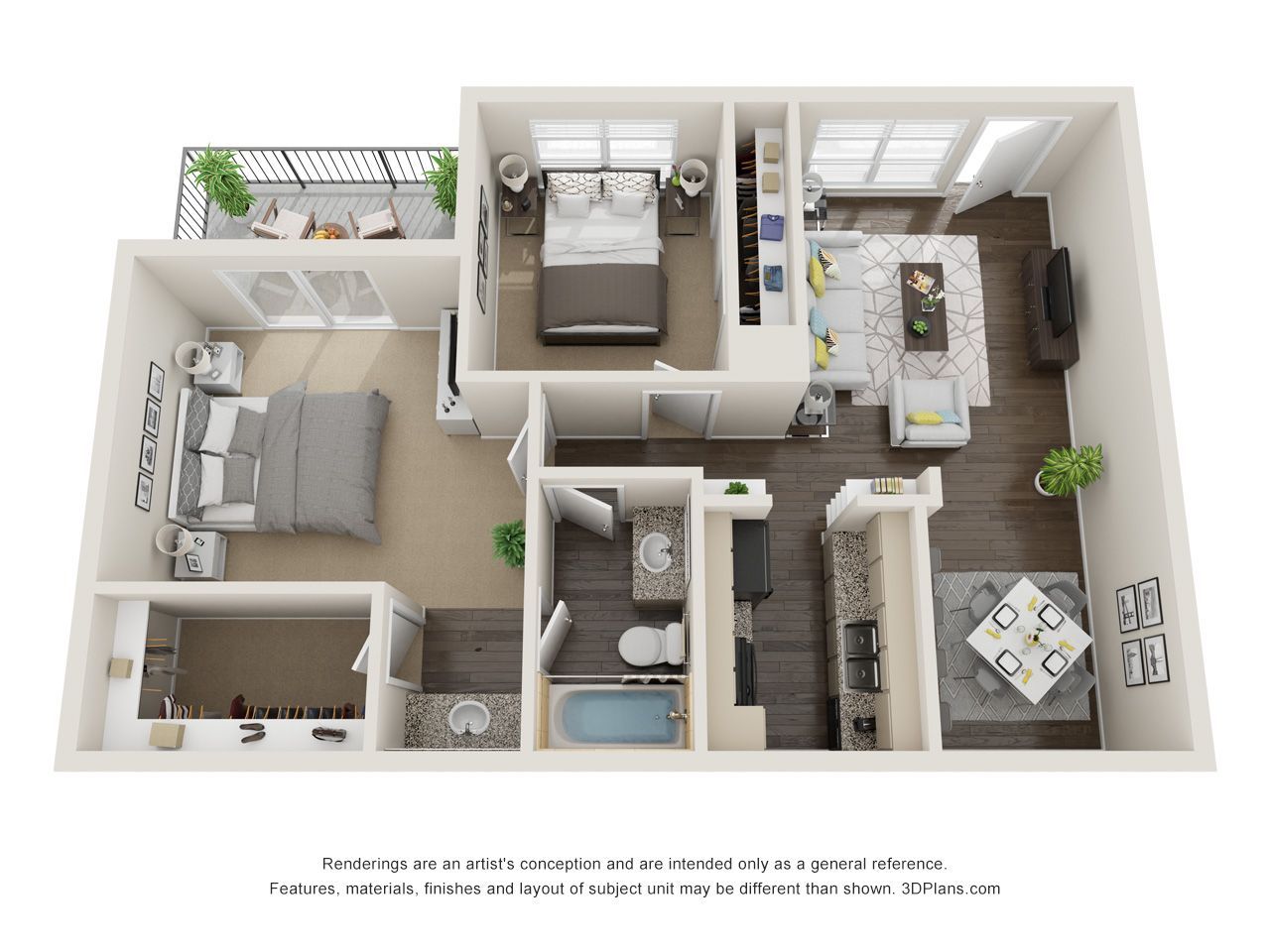 Floor plan of an apartment with two bedrooms, kitchen, dining area, living room, and a balcony.