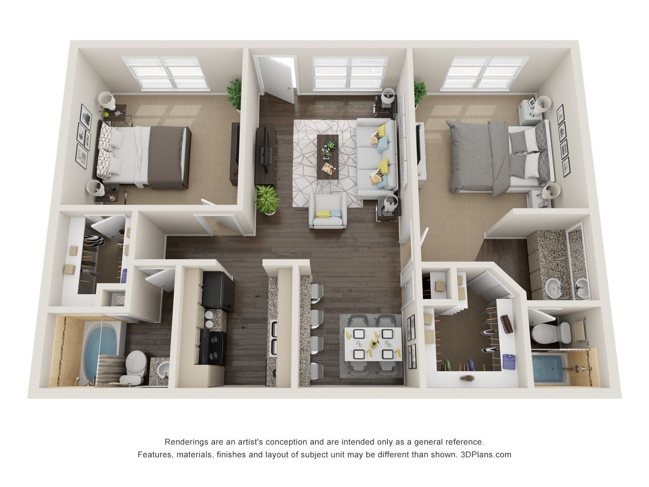 Floor plan of a two-bedroom apartment. Includes living room, dining area, kitchen, and two bathrooms.