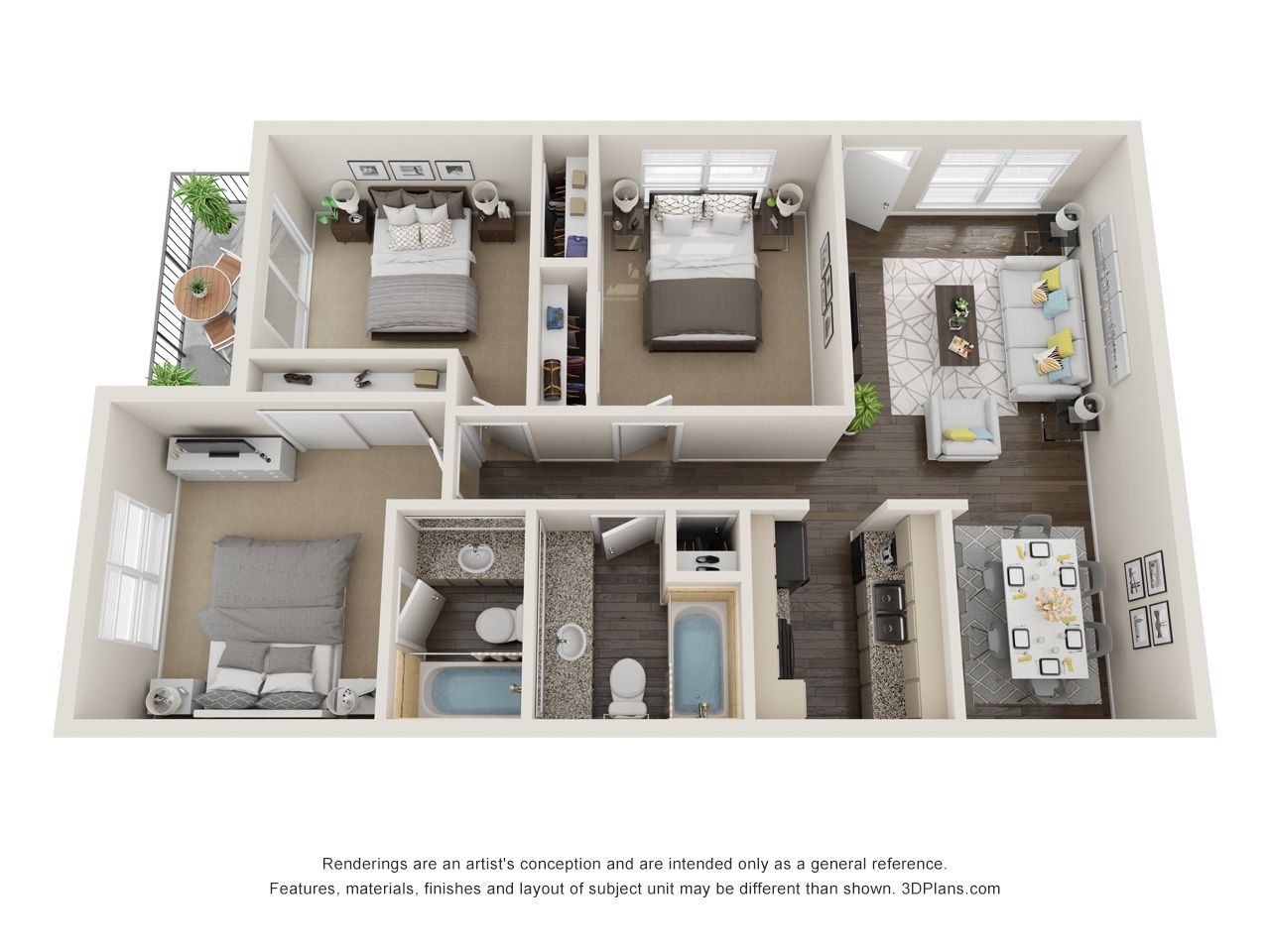 Floor plan of a two-bedroom apartment, furnished, with a balcony, kitchen, and living area.