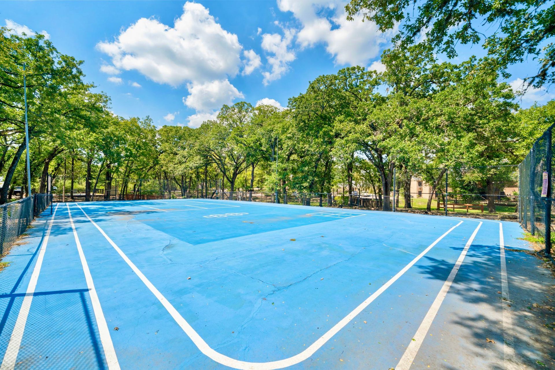 Blue outdoor sports court surrounded by trees under a partly cloudy sky.