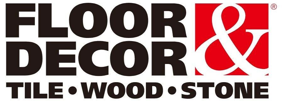 The floor and decor logo is black and red and says tile , wood , stone.