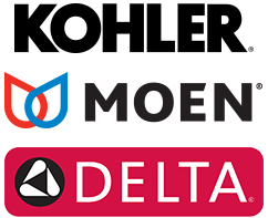 The logos for kohler , moen , and delta are shown on a white background.