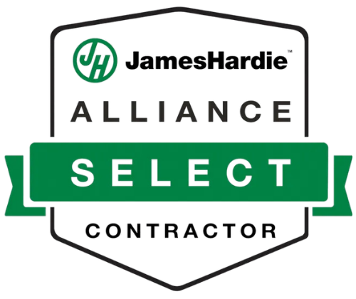 James Hardie Alliance Select Contractor badge with green banner and black-and-white shield