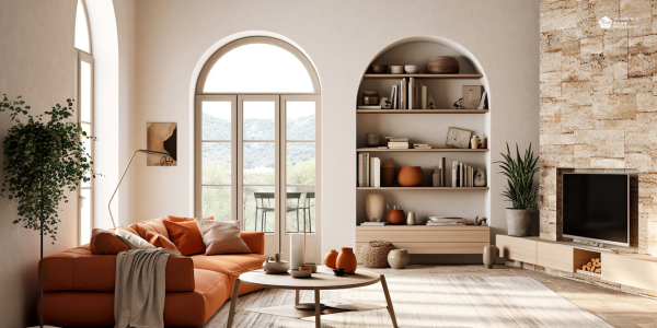 Half round picture window giving an arched looked by Five Seasons windows and doors