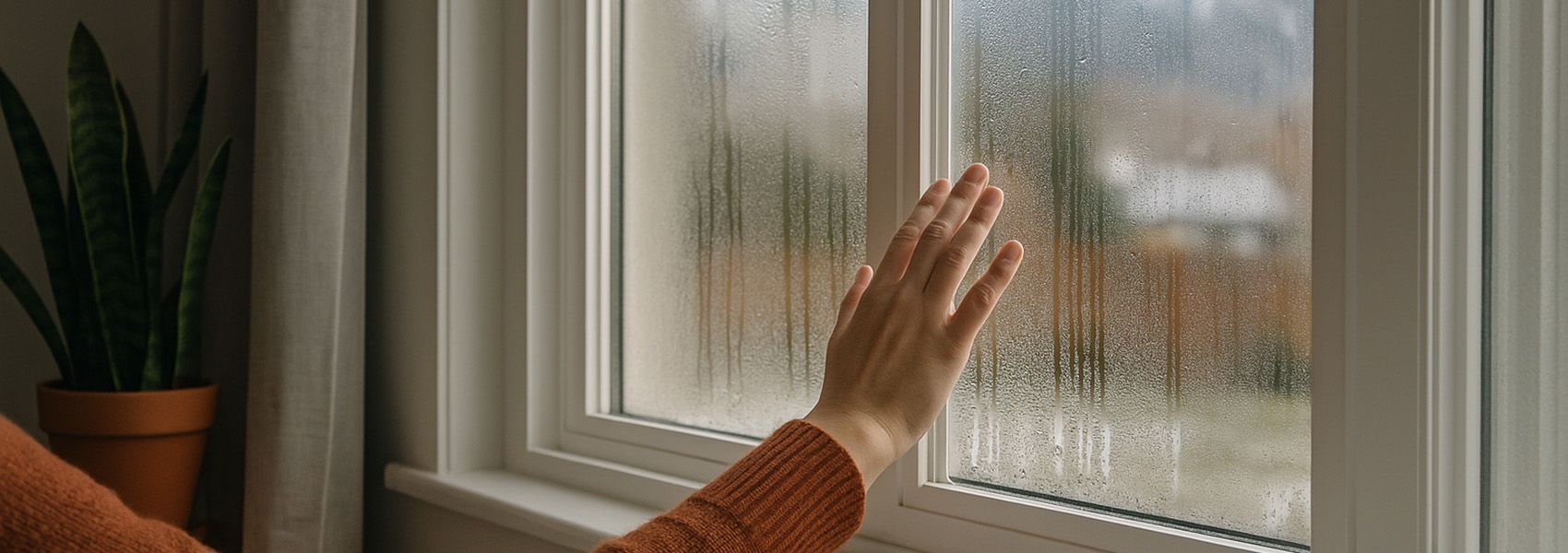Interior view showing condensation problems on Colorado home window with person checking issues