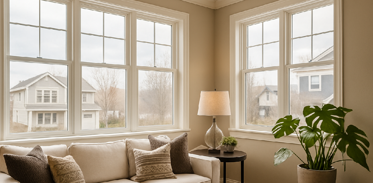 Modern living room with large double-pane windows