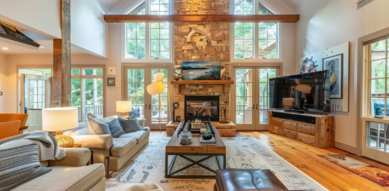 Spacious Colorado living room with wood-framed windows