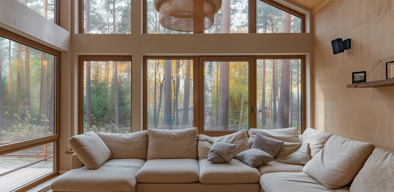 Warm living room with wood clad forest windows