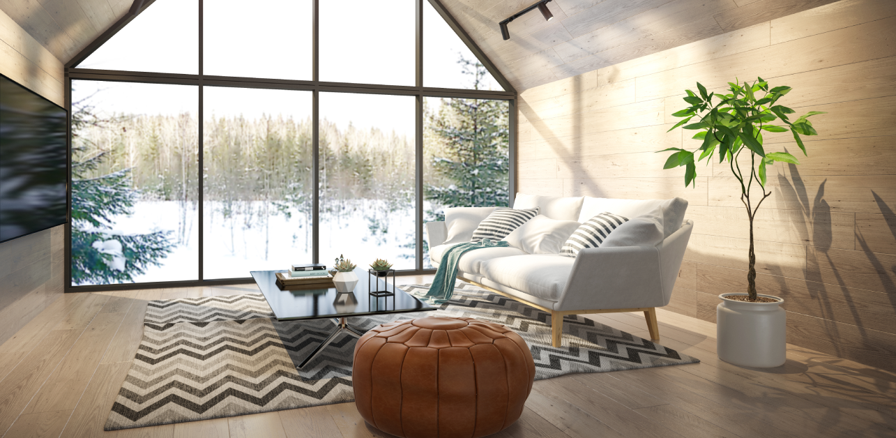 Modern mountain home with large insulated windows
