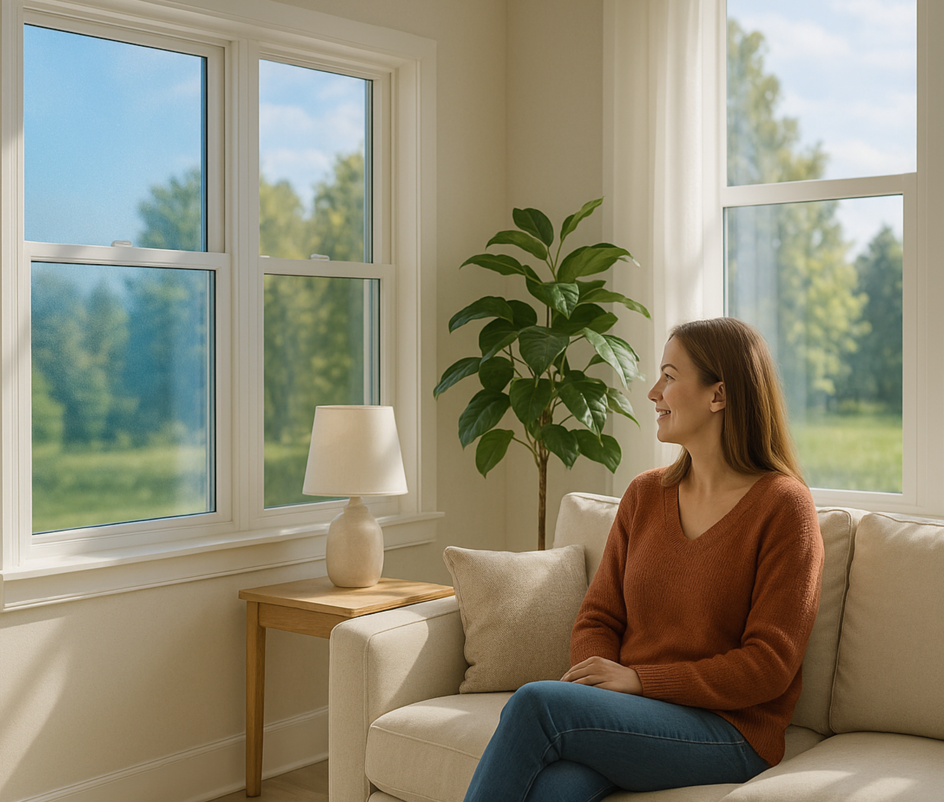 Woman enjoying comfortable natural light in home with Low-E glass windows and UV-protected plants