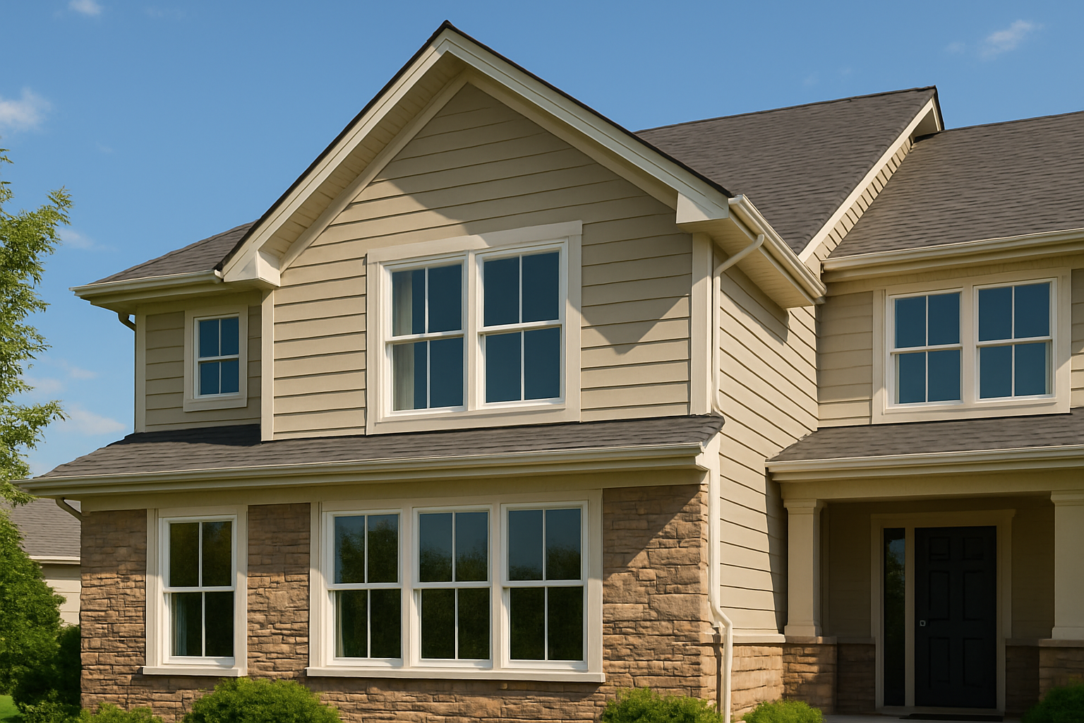 Front view of a Colorado-style home with beige siding.