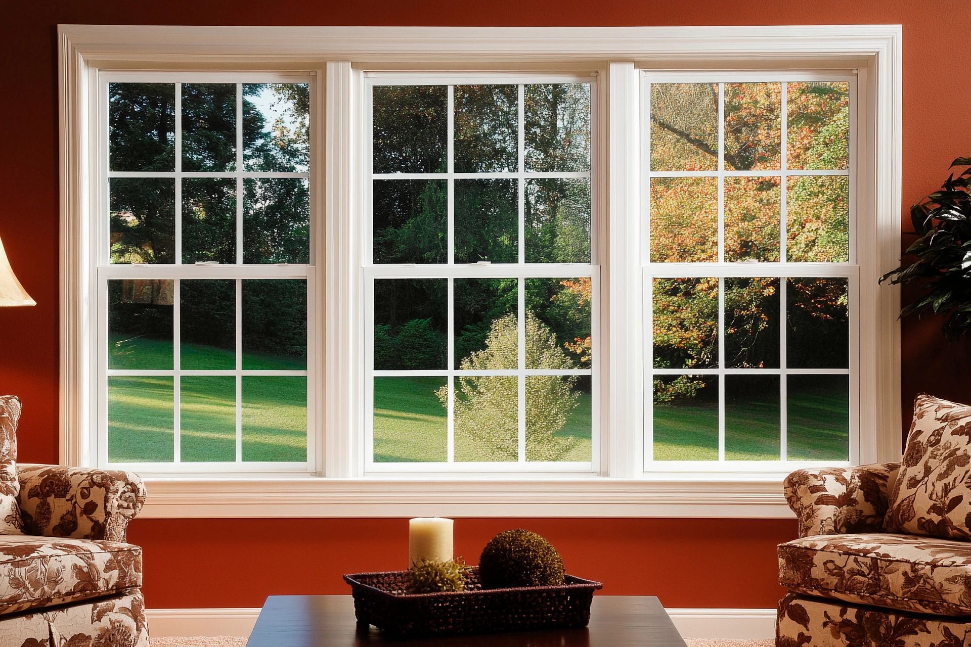 Bright living room with white vinyl grid windows