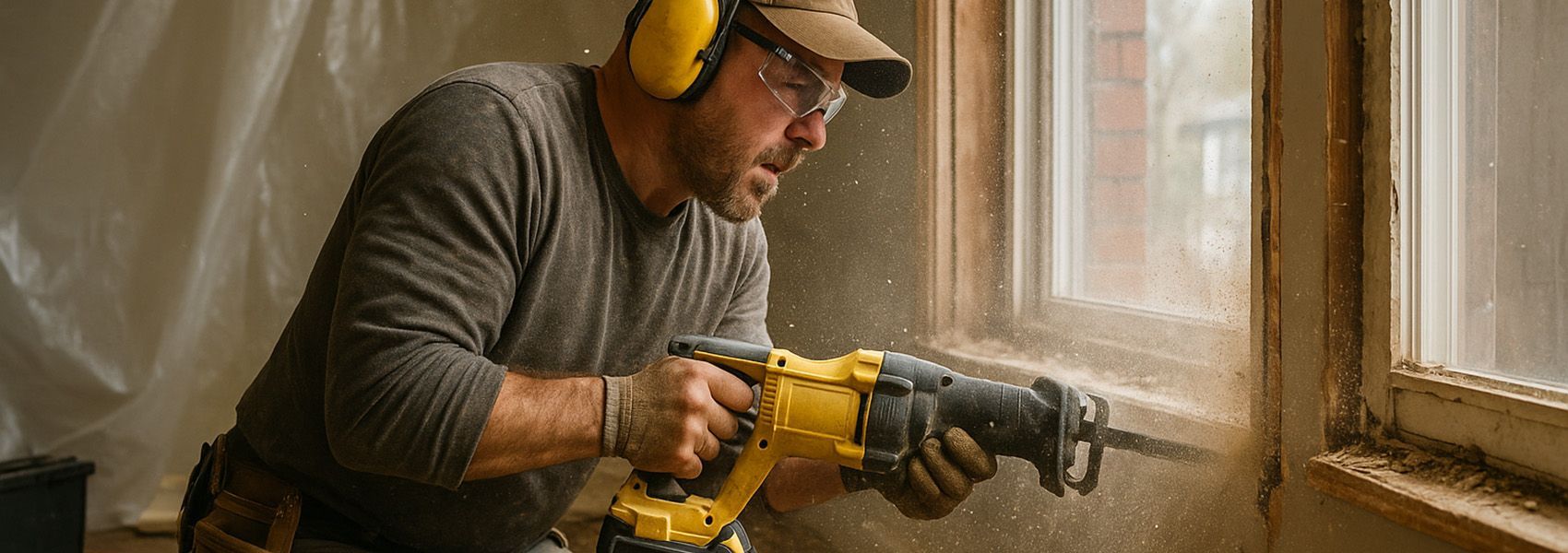 Construction worker using power tools during window installation showing noise levels