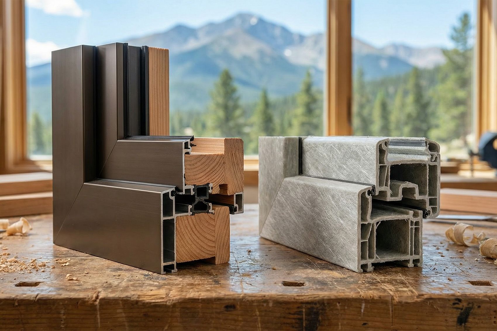 Professional installers leveling double hung windows during installation in Colorado mountain home