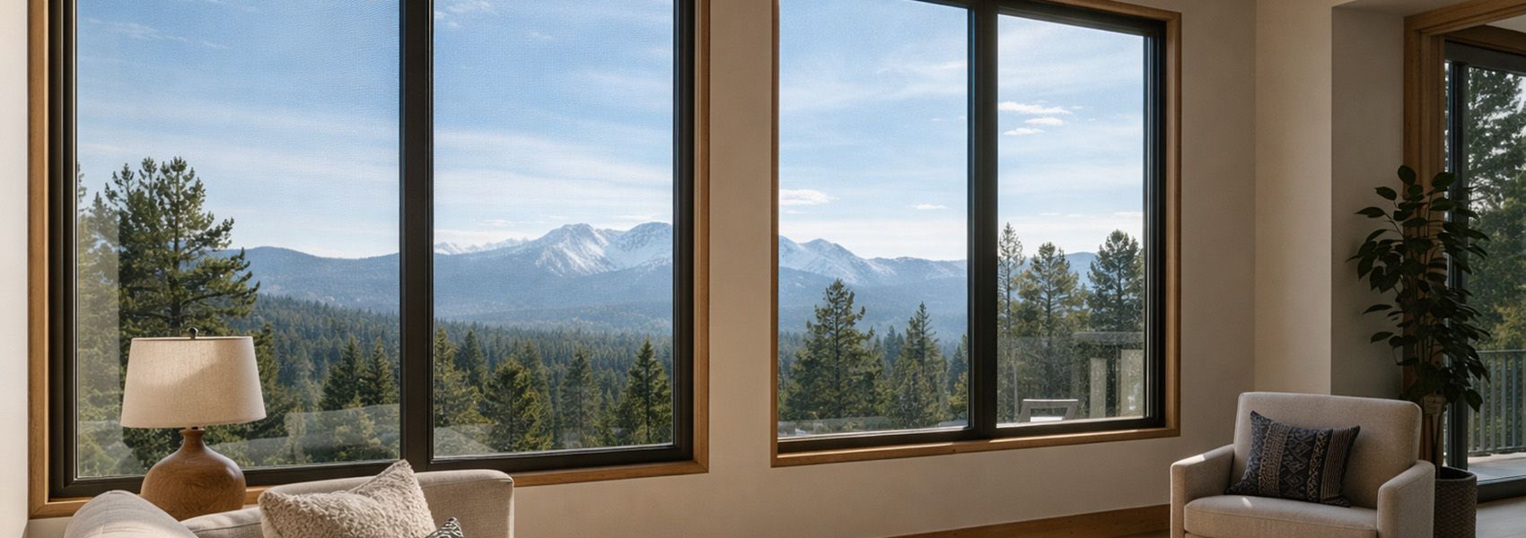 Colorado home interior with energy-efficient windows showing mountain views and natural light