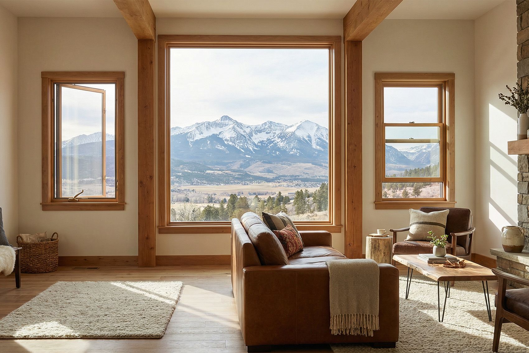 Professional installers leveling double hung windows during installation in Colorado mountain home