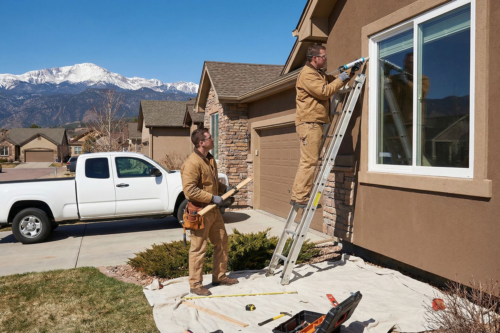 Professional installers leveling double hung windows during installation in Colorado mountain home