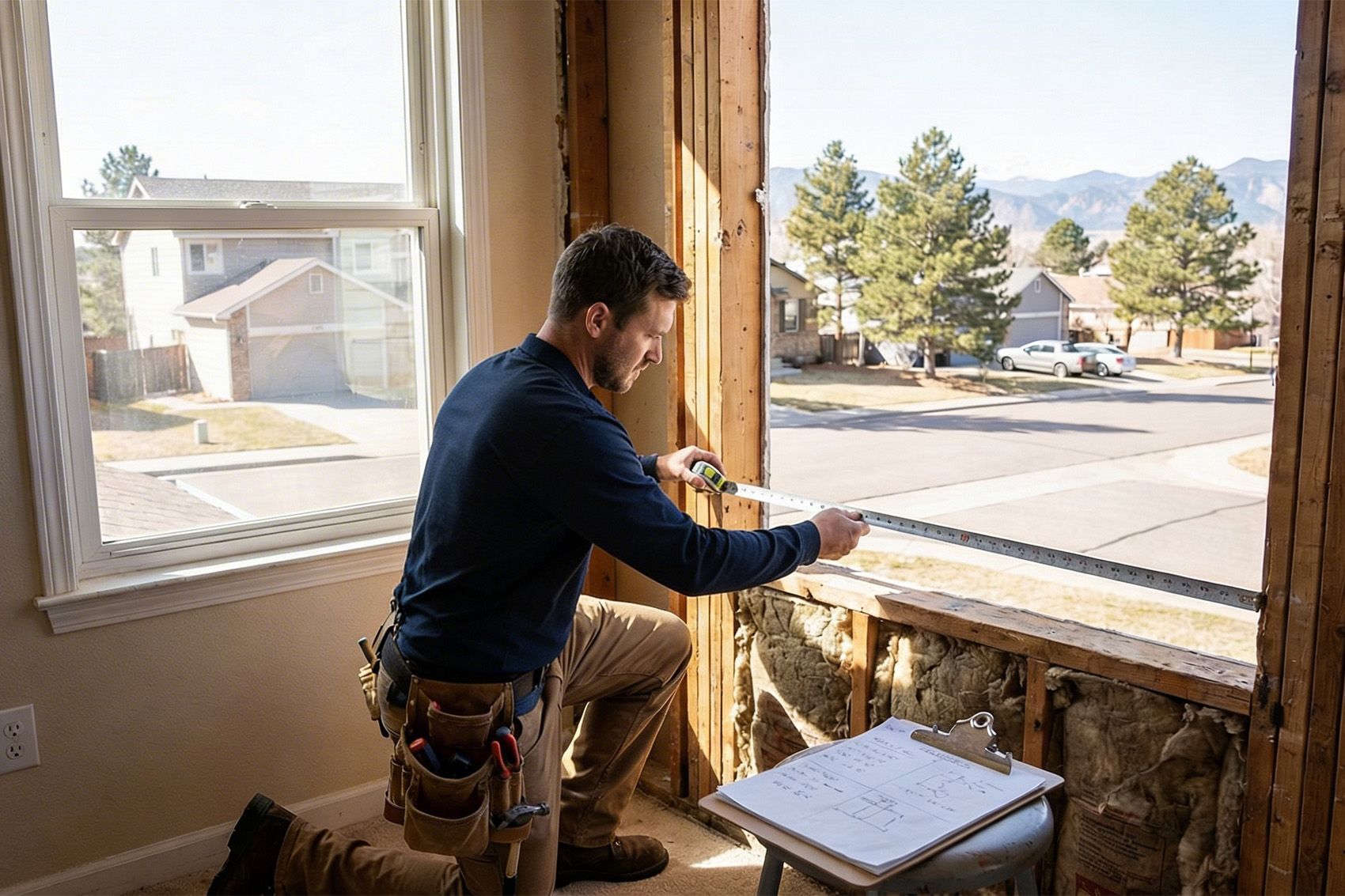 Professional installers leveling double hung windows during installation in Colorado mountain home