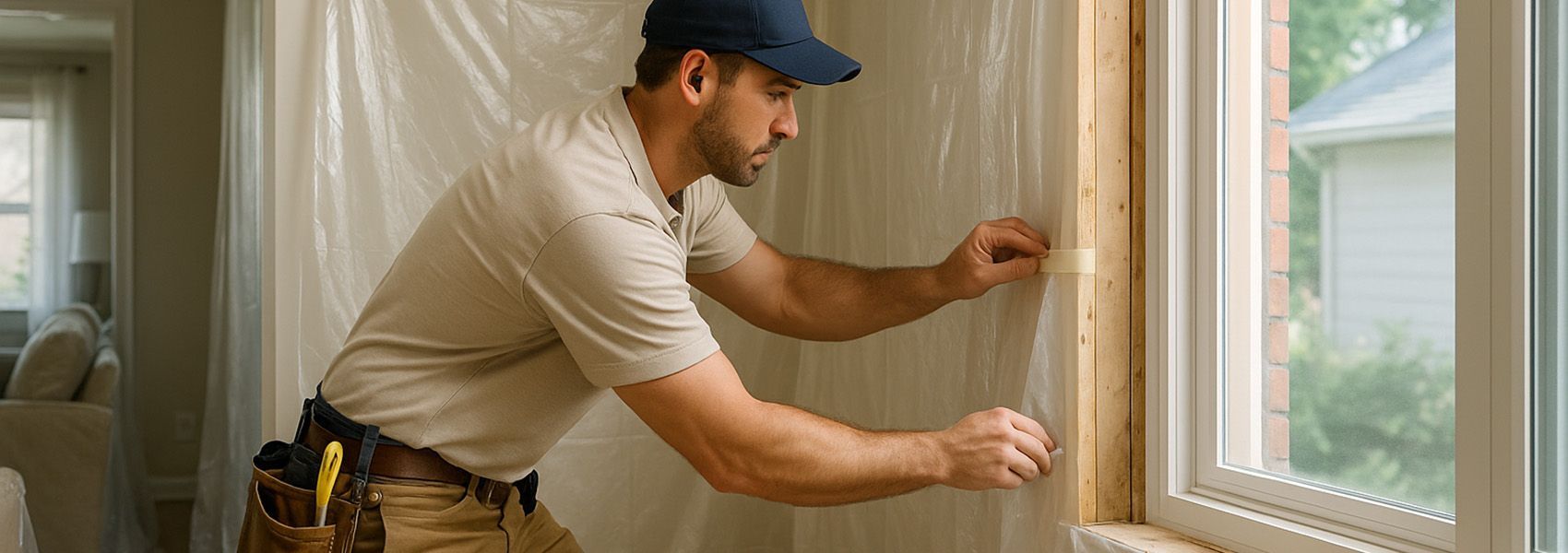 Professional contractor protecting walls during window installation with plastic sheeting 