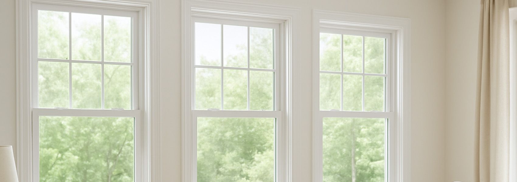 Beautiful double hung windows in bright living room showing natural light and energy efficiency bene